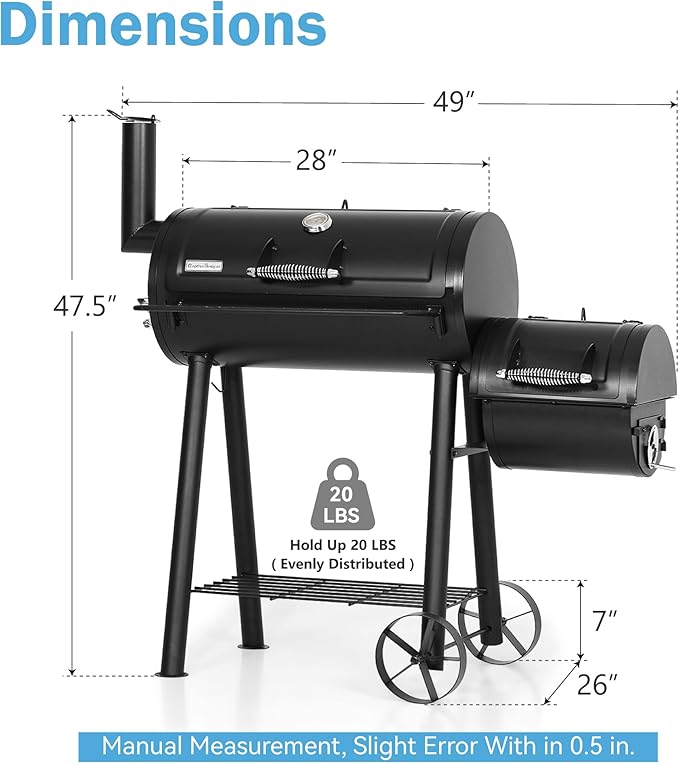 GREEN PARTY Offset Smoker Charcoal Grills with 28 Inch Cook Chamber Barrel Smoker and Charcoal Grill Combo 512 Sq. In. Space Barrel Smoker Grill for Outdoor BBQ Patio Backyard Cooking