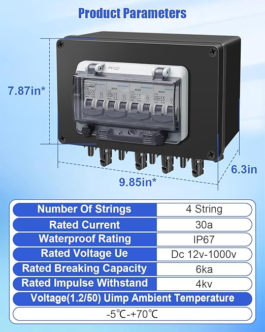 Solar Panel Disconnect Switch 4 String 32 Amp DC Circuit Breaker Box Waterproof IP67 Solar Combiner Box with MC4 Connectors for Grid-Connected and Off-Grid Systems 4 in 4 Out