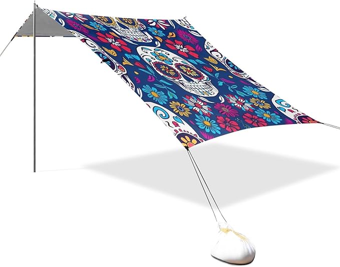 ALAZA Sugar Skull on Blue Beach Tent Sun Shelter Portable Canopy Sunshade for Outdoor Camping Picnics Backyard Fun 10x9 ft