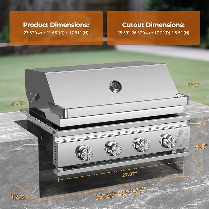 Premium Built In 4 Burner Propane Gas Grill ALL-Thickened 304 Stainless Steel 32000 BTU with 516sq.in. Cooking Space Baking Tray &amp Gratesfor Patio Backyard Parties Barbecue