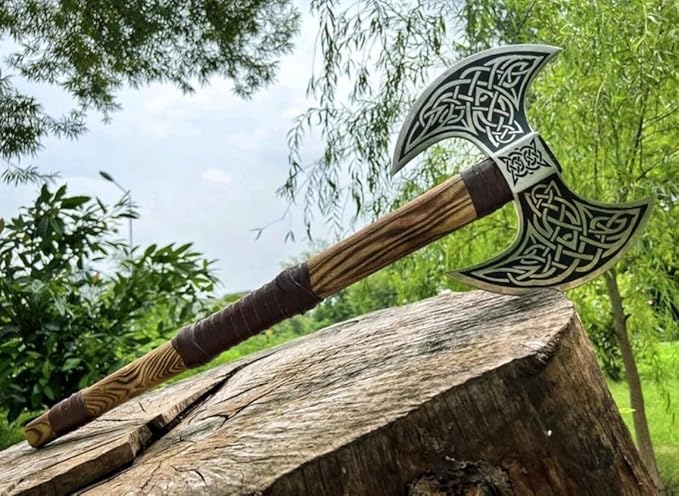 DARK WARRIOR Handmade Double Head Berserker Axe Large Norse Viking Axe Hand Forged High Carbon Steel Axe with Leather Sheath Forest Hewing Broad Hunting Dane Axe with Wood Handle