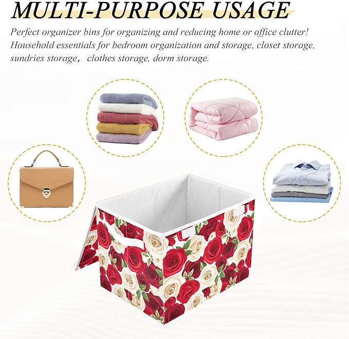 Storage Box Rose Floral Closet Storage Bins with Lids Foldable Oxford Fabric Storage Box for Home Bedroom Closet Office (16.5x12.6x11.8 in)