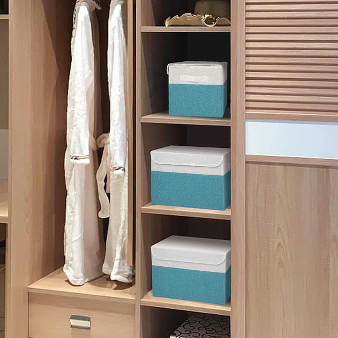 Bagnizer Large 22 Quart Linen Fabric Foldable Storage Bin Cube Organizer Basket with Flip-Top Lid &amp Handles Clothes Blanket Box for Home Office Closet Teal &amp White 4 Pack 14.6 x 9.5 x 9.5