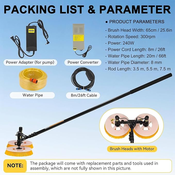 Electric Solar Panel Cleaning Brush &amp Water Fed Pole Kit Telescopic Rod PV Panel Wash Cleaning Machine 65cm Cleaning WideMains Electricity-7.5m/24ft