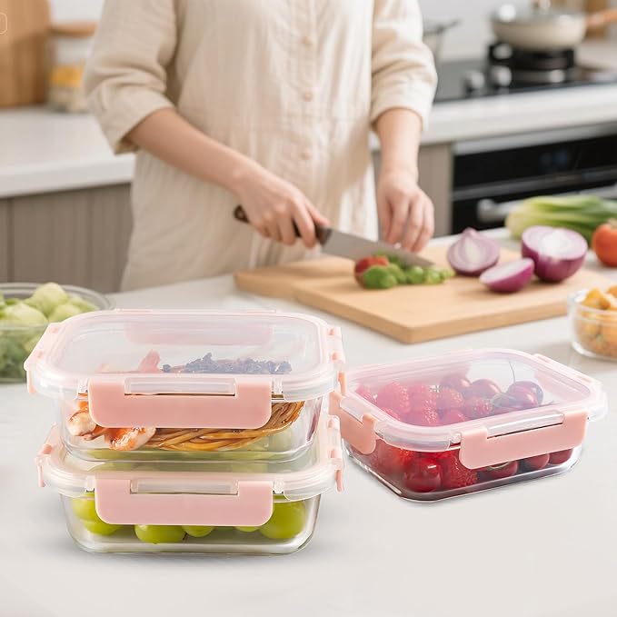 10 Pack 22 oz Glass Meal Prep Containers Food Storage Containers with Lids Airtight Leakproof Lunch Containers for Kitchen Freezer Microwave Dishwasher Safe (Pink)