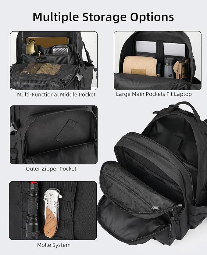 EZshoot 40L Tactical Backpack Military Backpack for Men Women Army Molle Rucksack Assault Pack Bug Out Bag Large Daypack (Black)