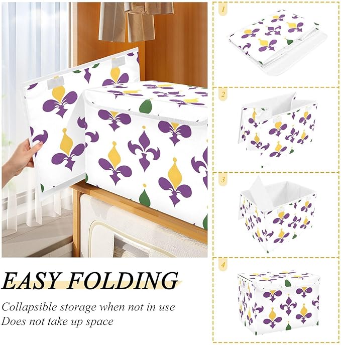 Storage Baskets with Lids Mardi Gras Collapsible Bins Stackable Fabric Large Linen Baskets Closet Organizer Container 16.5x12.6x11.8
