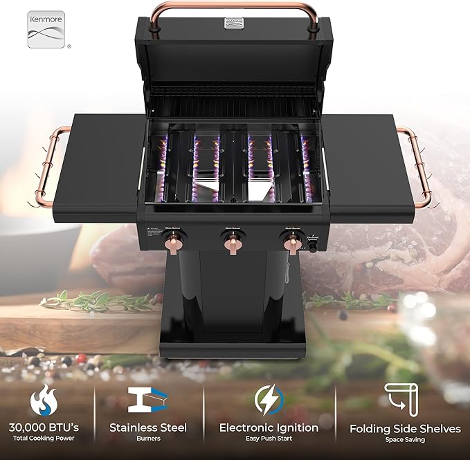 Kenmore 3-Burner Gas Grill | Foldable Side Tables Cast Iron Cooking Grates Warming Rack Hooks for BBQ Grilling Tools Propane Gas Barbecue Grill 30000 BTUs Black with Copper Accent