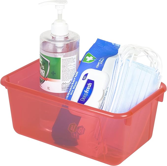 Storex Small Cubby Bins – Plastic Storage Containers for Classroom with Non-Snap Lid 12.2 x 7.8 x 5.1 inches Tint Red 5-Pack (62481A05C)