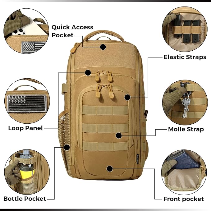 DBTAC Tactical Personal Defense EDC Bags &amp Packs | 10L Military Shoulder Backpack with Sling for Concealed Carry Range Travel Hiking Outdoor Sports (Brown)