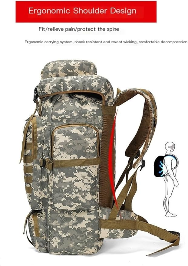 80L Tactical Backpack Camouflage Large Capacity Water-resistant Hiking Bag Outdoor Sports(Black)