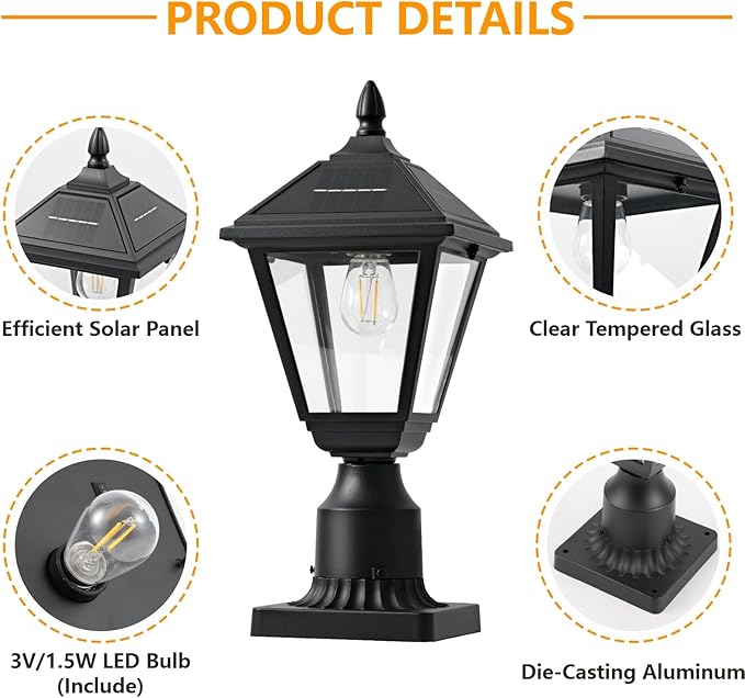 Solar Lamp Post Light 3000K Dusk to Dawn Solar Post Lights with Pier Mount Base Waterproof Outdoor Post Lantern Aluminum &amp Glass Housing for Garden Yard Pole Pillar
