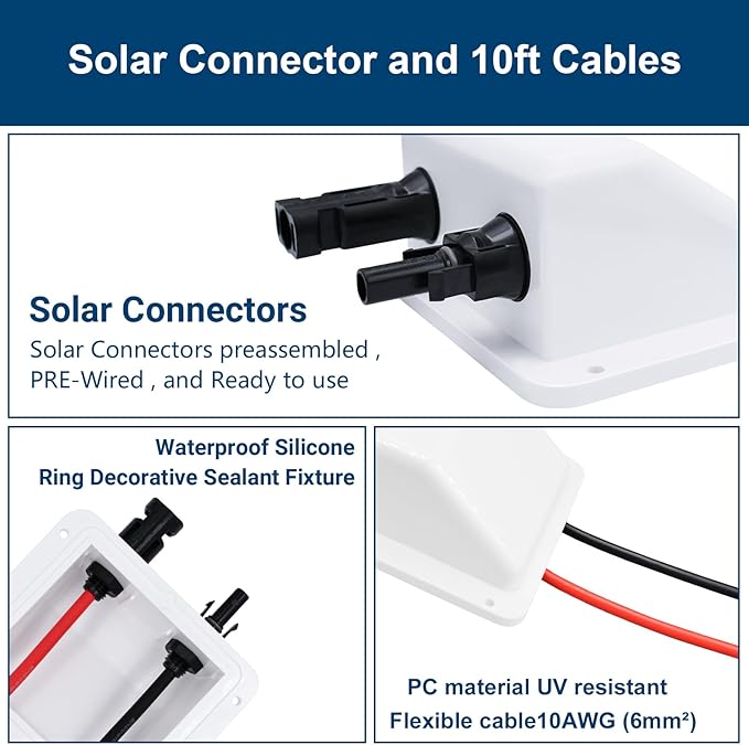 Solar Cable Entry Gland with 0.33Ft 10AWG Solar Extension Cable UV Resistance Dual Solar Junction Box with Connectors on RV Boat Van Camper(White)