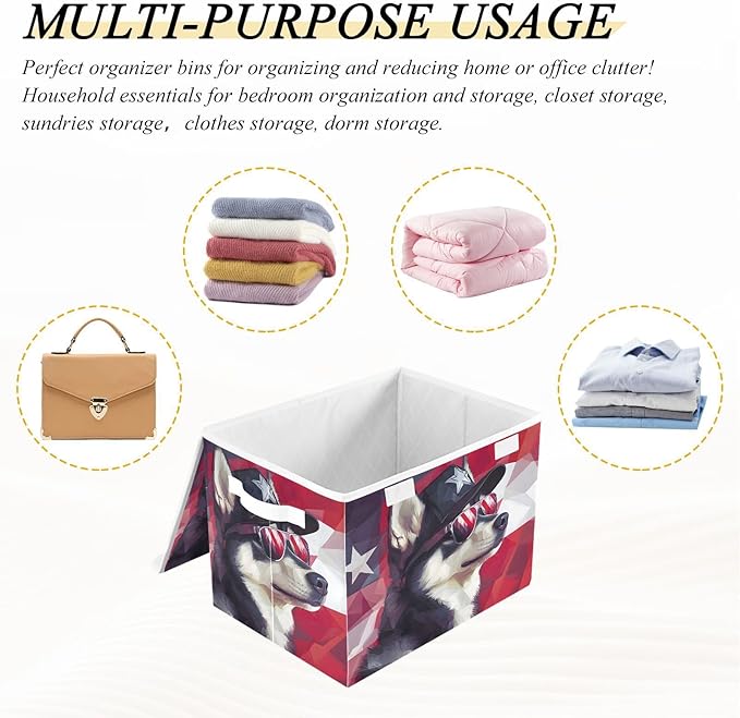 Husky America Storage Cube Bins Basket with Lid Collapsible Flip-top Fabric with Handle for Home Bedroom Closet Office 16.5×12.6×11.8 in