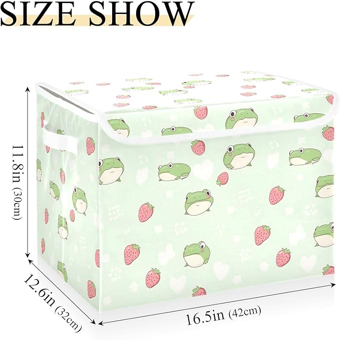 AIXIWAWA Lidded Storage Cube (Strawberry Frog) Fabric Foldable Closet Bins with Flip Lid and Handles Organizer Basket Container 16.5 x 12.6 x 11.8 IN