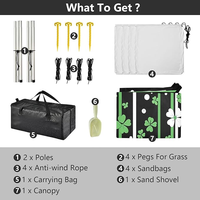 St Patrick's Clovers Stripes Beach Tent Sun Shelter Set UPF50+ UV Protection 10.5 x 9.19 FT Camping Shade Canopy with Sandbags Sand Anchors Carrying Bag and Others