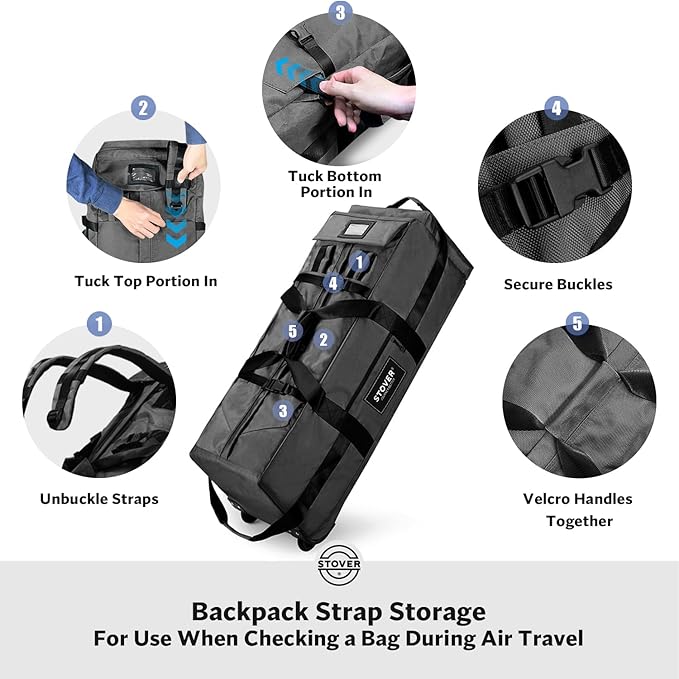 STOVER 45/80/100L Rolling Duffel Bag with Wheels X-Large Durable Travel Duffle + Toiletry Bag Heavy Duty Packable with Shoulder Straps- Use as Luggage or Backpack Men/Women (Black)