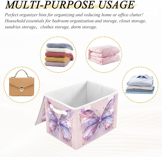 MNSRUU Containers Baskets with Lids Magical Butterfly Foldable Storage Bins Organizer with Lid Collapsible Storage Boxes for Home Bedroom Closet Office