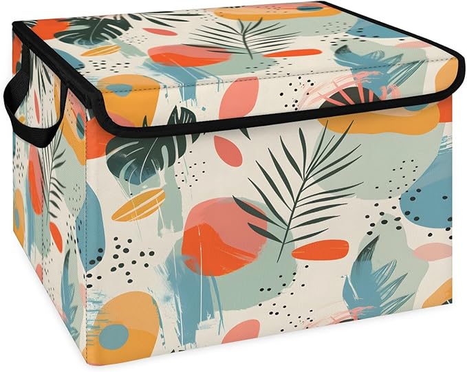 Boho Leaf Storage Bins with Lids Mid Century Foldable Storage Boxes with Carrying Handle Organizer Containers Baskets Cube for Home Bedroom Closet