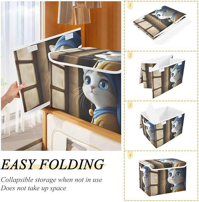 AIXIWAWA Lidded Storage Cube (Cat Lady Portrait) Fabric Foldable Closet Bins with Flip Lid and Handles Organizer Basket Container 16.5 x 12.6 x 11.8 IN