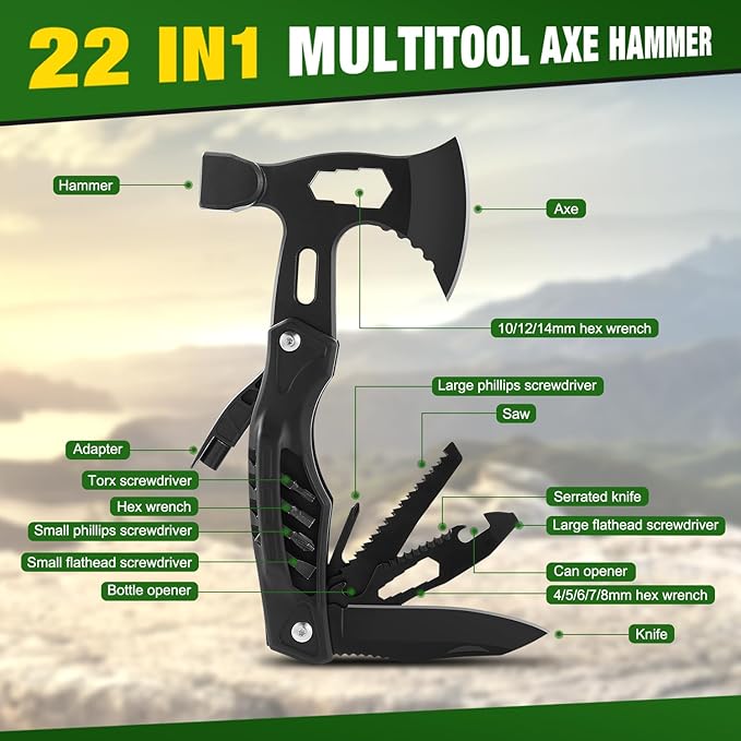 Stocking Stuffers for Adults Men - Gifts for Dad from Daughter Wife 22 in 1 Hardened Stainless Steel Camping Multitool Hammer Hatchet Upgrad Portable Camp Axe Screwdriver Set with Nylon Sheath