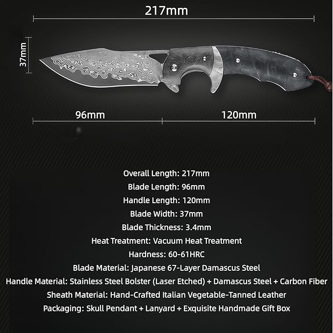 Knives Outdoor Gear Knives 67-Layer Damascus Steel Folding Knife HRC 60 Hand-Carved Vegetable-Tanned Leather Sheath Carbon Fiber Handle Folding Knife Gift Ideas for Men