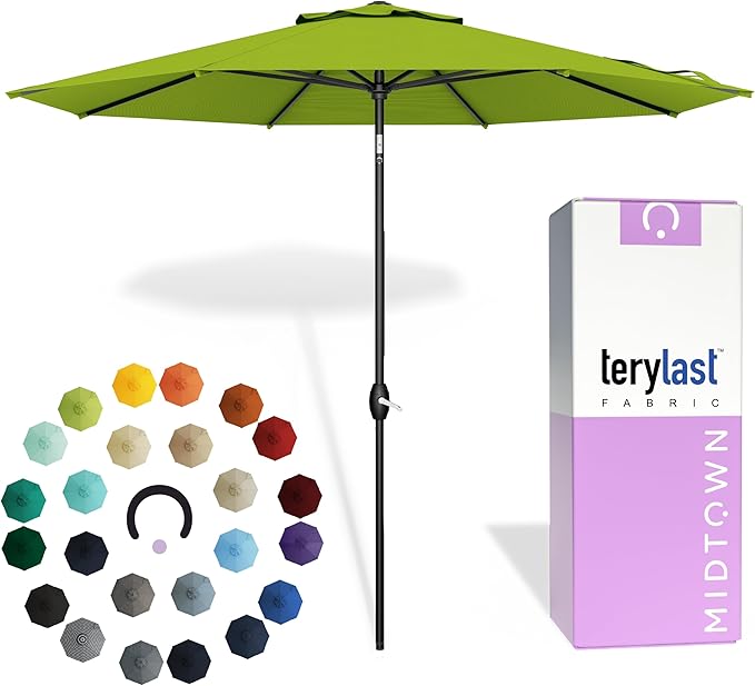 Midtown Umbrellas - 10-Year-No-Fade 9 Ft Patio Umbrella with Terylast Fabric Auto-Tilt Aluminum Frame and 8 Reinforced Ribs for Deck Pool Garden &amp Beach - Pear Green Canopy Black Pole