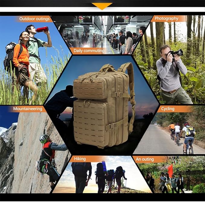 45L Military Tactical Backpack For Men Molle Daypack 3 Day Bug Out Bag Hiking Fishing Backpack Rucksack (Mud Color)