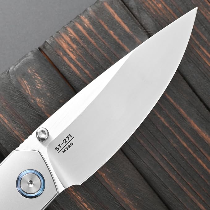 Sitivien ST271 Folding Knife M390 Steel Blade Titanium &amp G10 Handle Knife with Pocket Clip for Men Women Outdoor Camping Hiking Survival(Blue+White+Red)