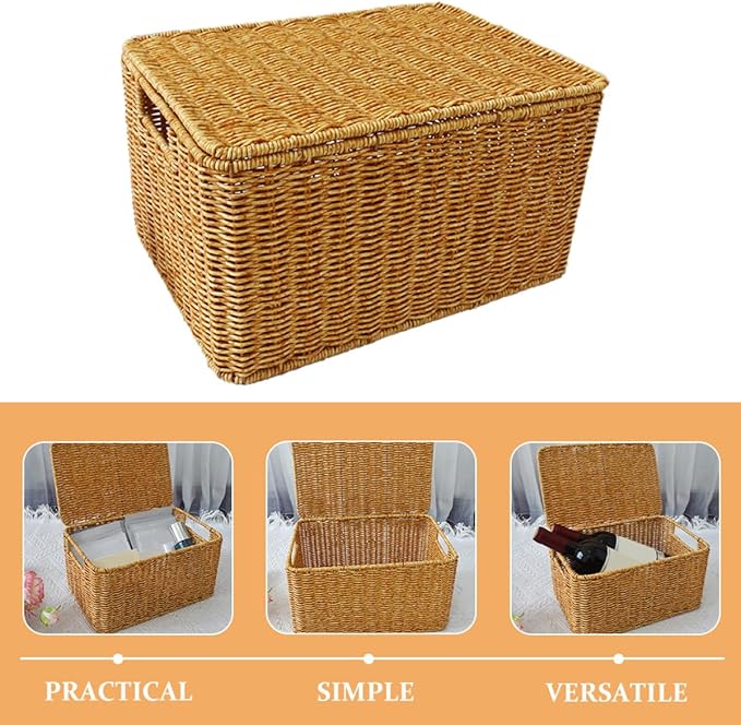 Lurrose Decorative Small Lidded Storage Basket Imitation Rattan Woven Container with Lid Large-capacity Closet Organizer Bin for Bedroom and Outdoor Use