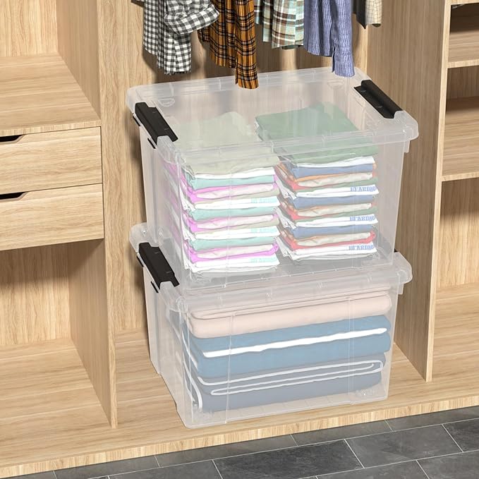 4 Pack 50 Quart Clear Plastic Storage Bins with Lids and Wheels Large Stackable Latching Container Boxes for Clothes Bedding Garage Organization