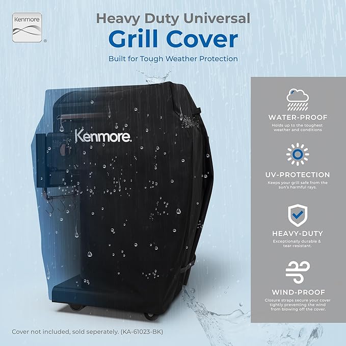 Kenmore 3-Burner Gas Grill | Foldable Side Tables Cast Iron Cooking Grates Warming Rack Hooks for BBQ Grilling Tools Propane Gas Barbecue Grill 30000 BTUs Black with Copper Accent