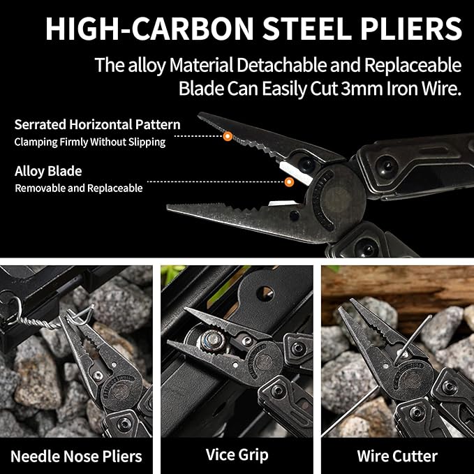 27-in-1Multitool Pliers with Scissors Rope CuttersSaw ScrewdriversCan OpenerFileCarrying PouchStainless Steel Pocket Multi-Tool Ideal for Camping Survival and GiftBlack
