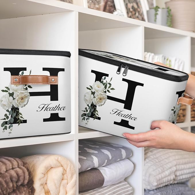 Custom Initials Floral Storage Bins with Lid Foldable Personalized Storage Basket Boxes with Handle Shelf Basket Closet Organizer Cube