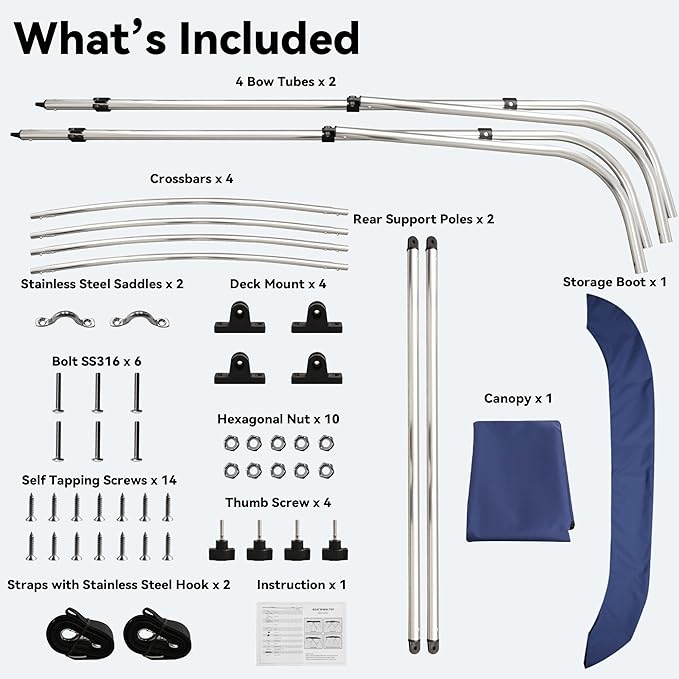 Deckpro 3-4 Bow Boat Bimini Tops 600D Solution Dyed Polyester Marine Grade Canvas with 1 Aluminum Frame Boat Canopy Includes Storage Boot 2 Support Poles 2 Straps