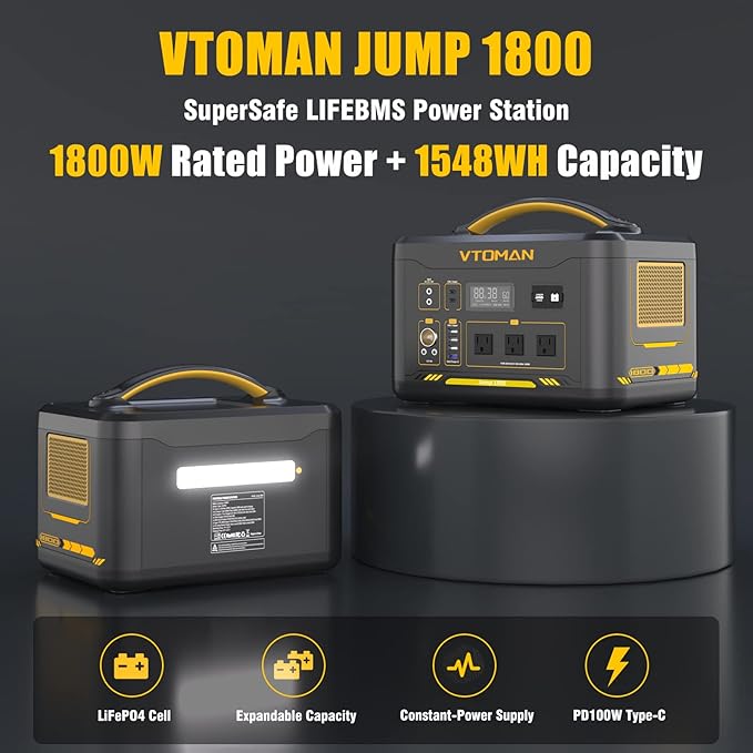 VTOMAN Jump 1800 Portable Power Station with 110W Solar Panel 1800W/1548Wh LiFePO4 Battery Solar Generator with 1800W Constant-Power PD 100W Type-C Capacity Expandable for Camping Home Backup