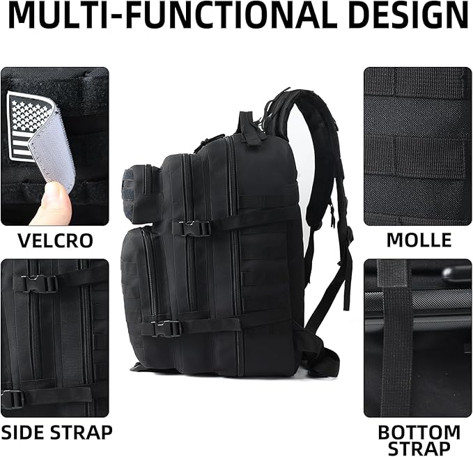 J.SH 45L Large Military Tactical Backpack for Men Army Assault Pack Bag with MOLLE System 3-Day Bug Out Bag for Outdoor Hiking Gym Tactical Missions Rugged Survival &amp Outdoor Rescue - Black