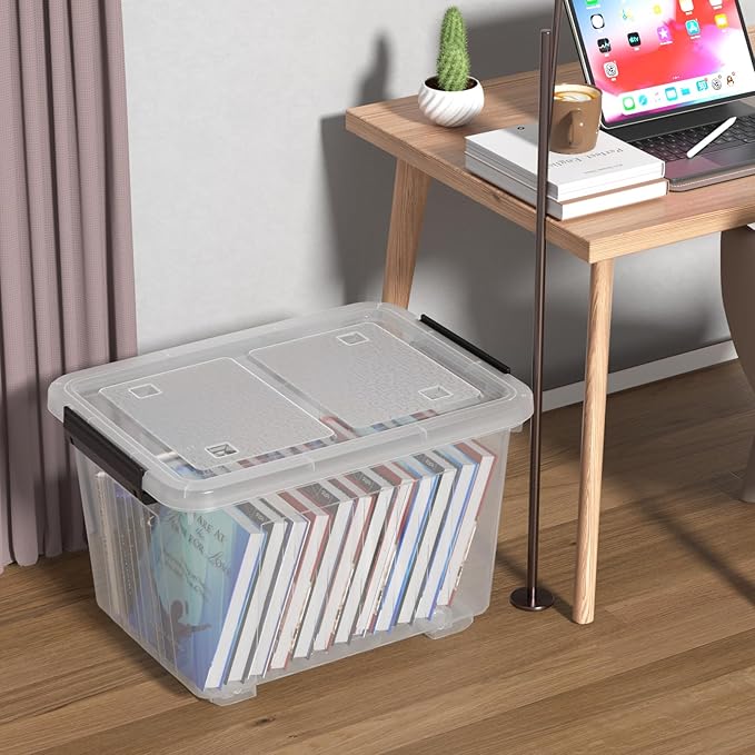 30 L Clear Latching Storage Bin with Wheels 4 Packs Plastic Storage Container Boxes with Lids