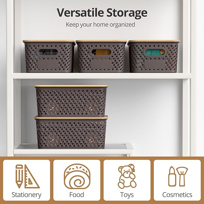 Plastic Storage Bins with Bamboo Lids Stackable Small Box Baskets for Organizing and Containers for Shelves Drawers Desktop Closet Pantry Classroom Office Home 6 Pack 10.2x7.2x4.1 Inch Brown