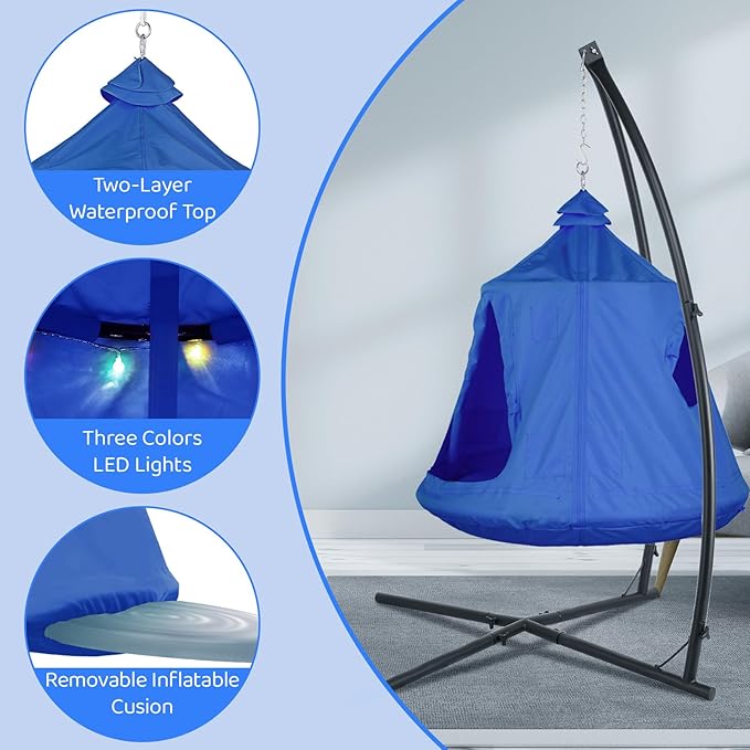 Arlopu Hanging Hammock X-Stand w/Tree Tent Indoor Metal Swing Chair w/Play Tent Outdoor Egg Basket Patio Seat Porch Bedroom Balcony Chair w/Adjustable Solid Stand (Blue)