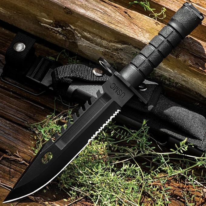 USMC Fixed Blade M9 Knife and Sheath | Officially Licensed 12 Stainless Steel Blade with Non-Reflective Finish | Sawback Spine | TPU Handle | Includes Nylon Sheath | Overall Length 12