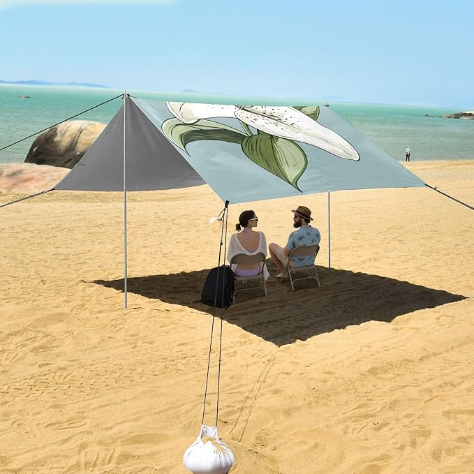 ALAZA Cute Doodle White Lily Beach Tent Sun Shelter Portable Canopy Sunshade for Outdoor Camping Picnics Backyard Fun 10x9 ft