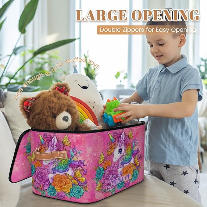 Storage-Bins with Lids Personalized Closet-Storage-Bins Under-Bed Stackable-Cubes-Box for Home Bedroom Unicorn Pink Floral