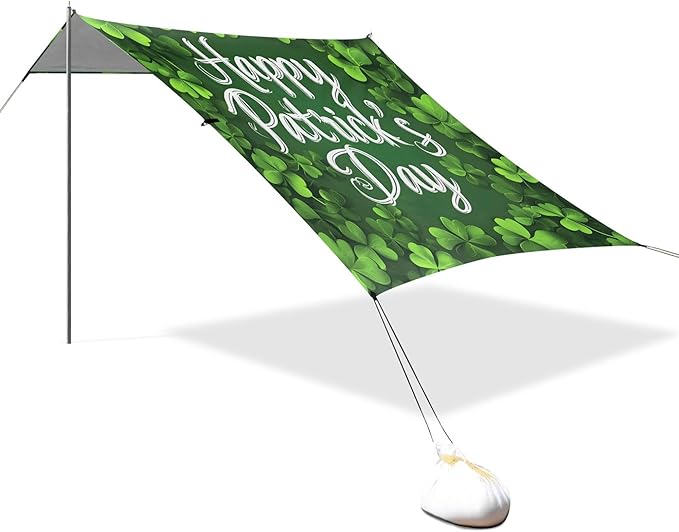St. Patrick's Day Beach Canopy Sun Shelter with Sandbags &amp Sand Shovel &amp Windproof Ropes - Portable 110x126 Beach Shade Beach Tent for Camping Picnics