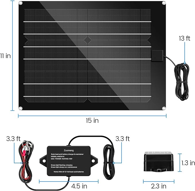 Solar Battery Charger Maintainer Zuomeng 15W Solar Panel Kit for Dump Trailer Built-in Maintenance Pulse &amp Intelligent MPPT Charge Controller Waterproof Suitable for 12V Lead-Acid Battery