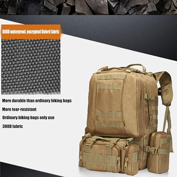55L Tactical Backpack with Waterproof Ventilated Built Up 3 MOLLE Bags Anti Pressure Rucksacks for Travelling(Black)