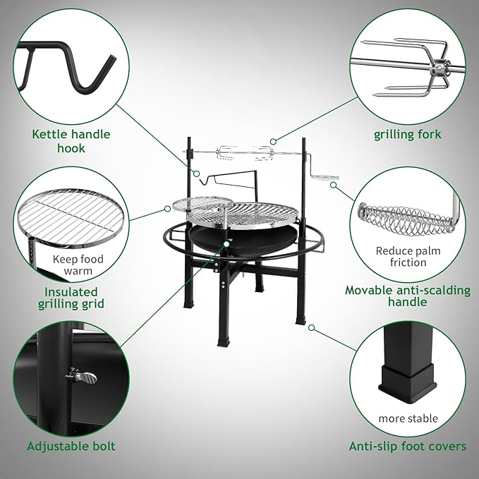 VINGLI 33 Inch Outdoor Fire Pit with 2 Grills Wood Burning Firepit with Swivel Cooking Grate Removable Swivel Grill for Backyard Patio Outside Picnic BBQ