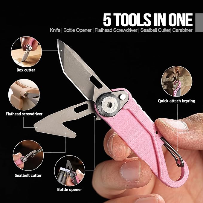 TACRAY Vinto 5-in-1 Small Pocket Knife – Ultra-Light Compact Multitool with Utility Knife Seatbelt Cutter Bottle Opener Flathead Screwdriver &amp Keyring Attachment for Everyday Carry (Pink)