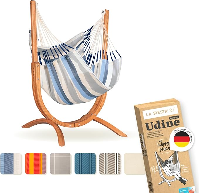 LA SIESTA® - Udine Weather-Resistant Hammock Chair with Wooden Stand - Handmade Tear-Resistant Hammock Chair for Outdoor Relaxation - FSC Certified Eucalyptus Hammock w/Stand for Outside - Sea Salt