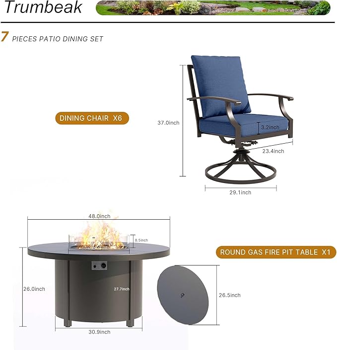 7 Piece Metal Outdoor Patio Furniture Set with 48/55000 BTU Round Fire Pit TableOutdoor Dining Table Set 6 Swivel Chairs No-Slip Cushions and Waterproof CoversNavy